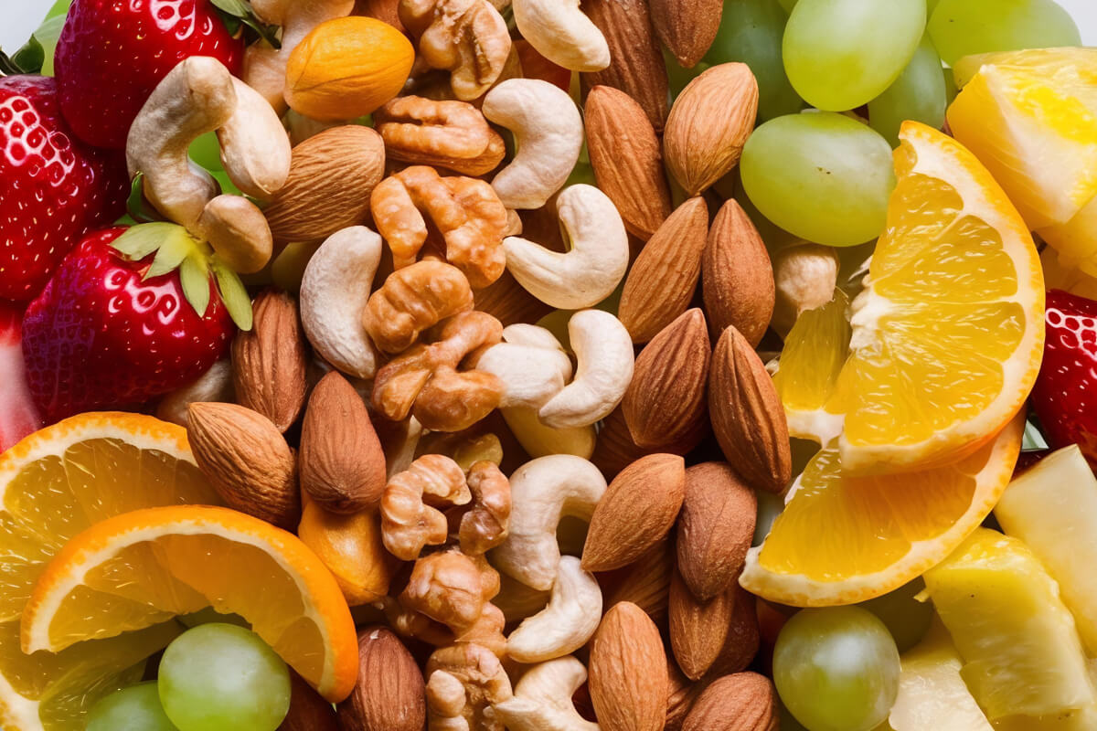 Miska s ovocím a orechmi ako zdroj vitamínov pre imunitu