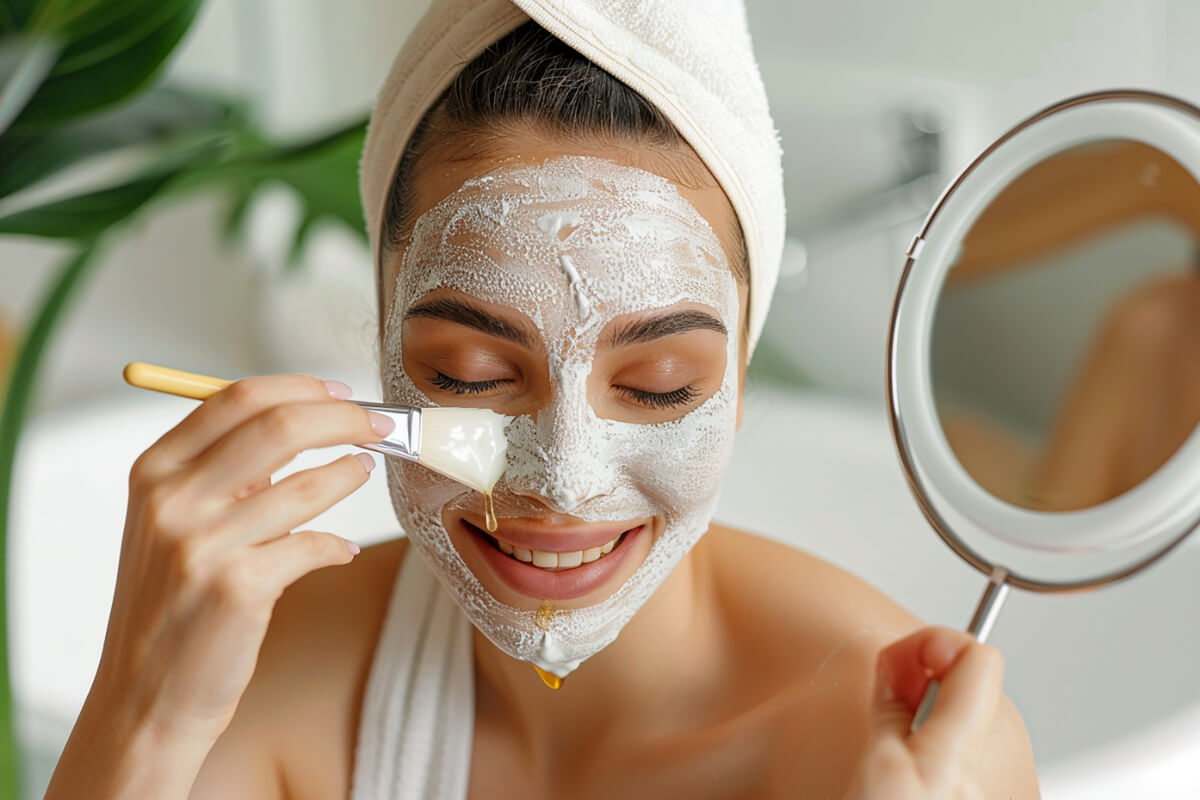 Žena si robí jemný peeling tváre – jarné čistenie a regenerácia pleti