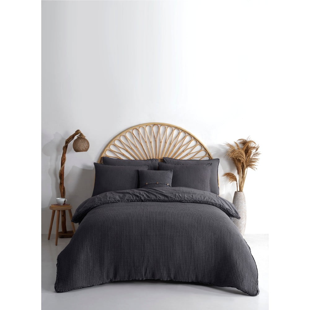 Antracitové obliečky na jednolôžko z bavlny Renforcé 140x200 cm Waffle Striped – Mila Home Luxury