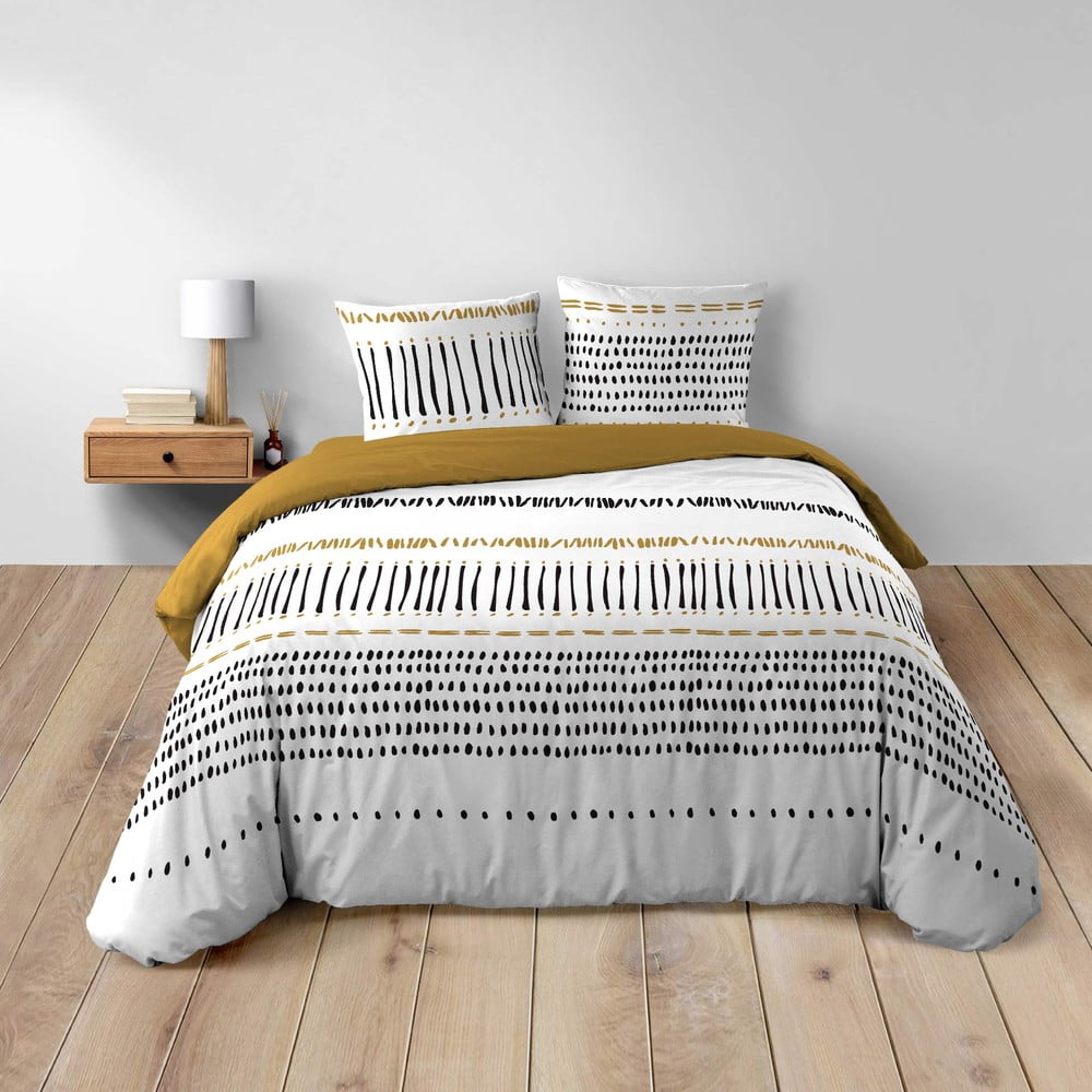 Bavlnené obliečky na dvojlôžko/predĺžené v horčicovej farbe/bielej 240x220 cm Chicago – douceur d'intérieur