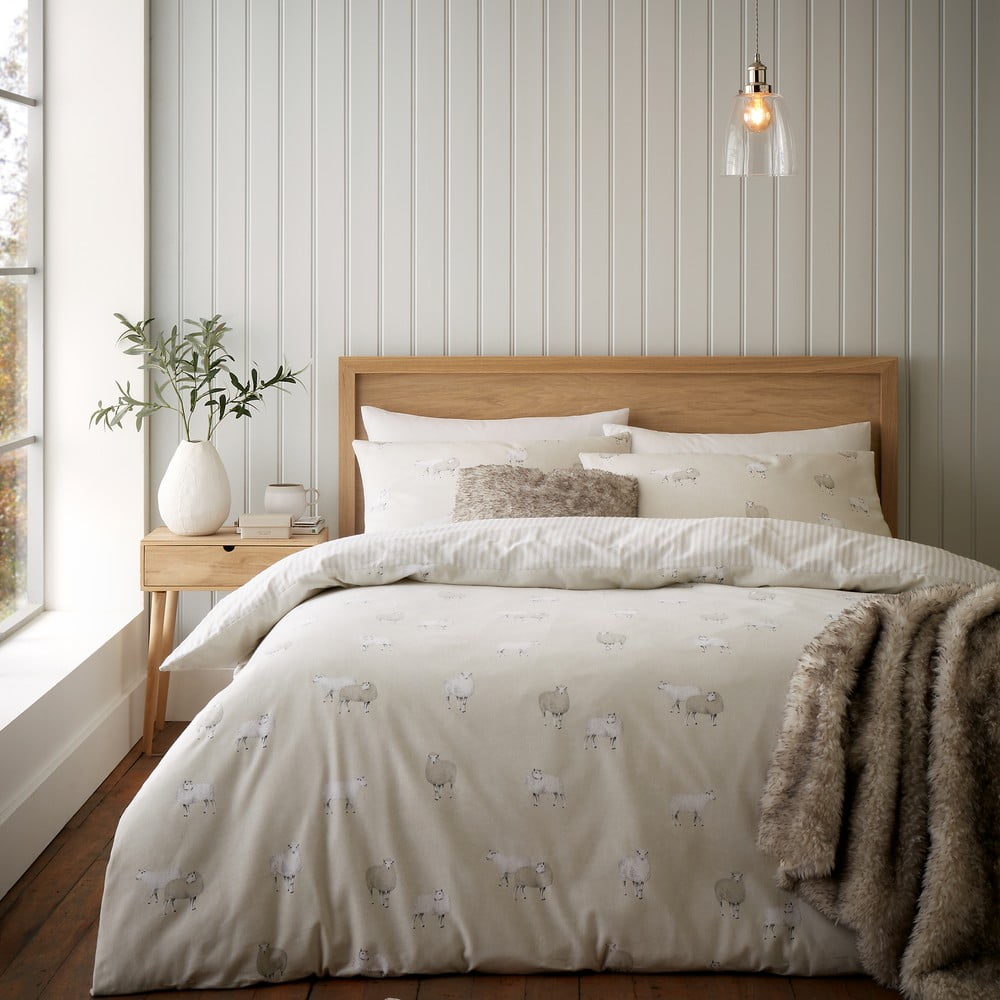 Béžové flanelové obliečky na dvojlôžko 200x200 cm Sheep – Catherine Lansfield