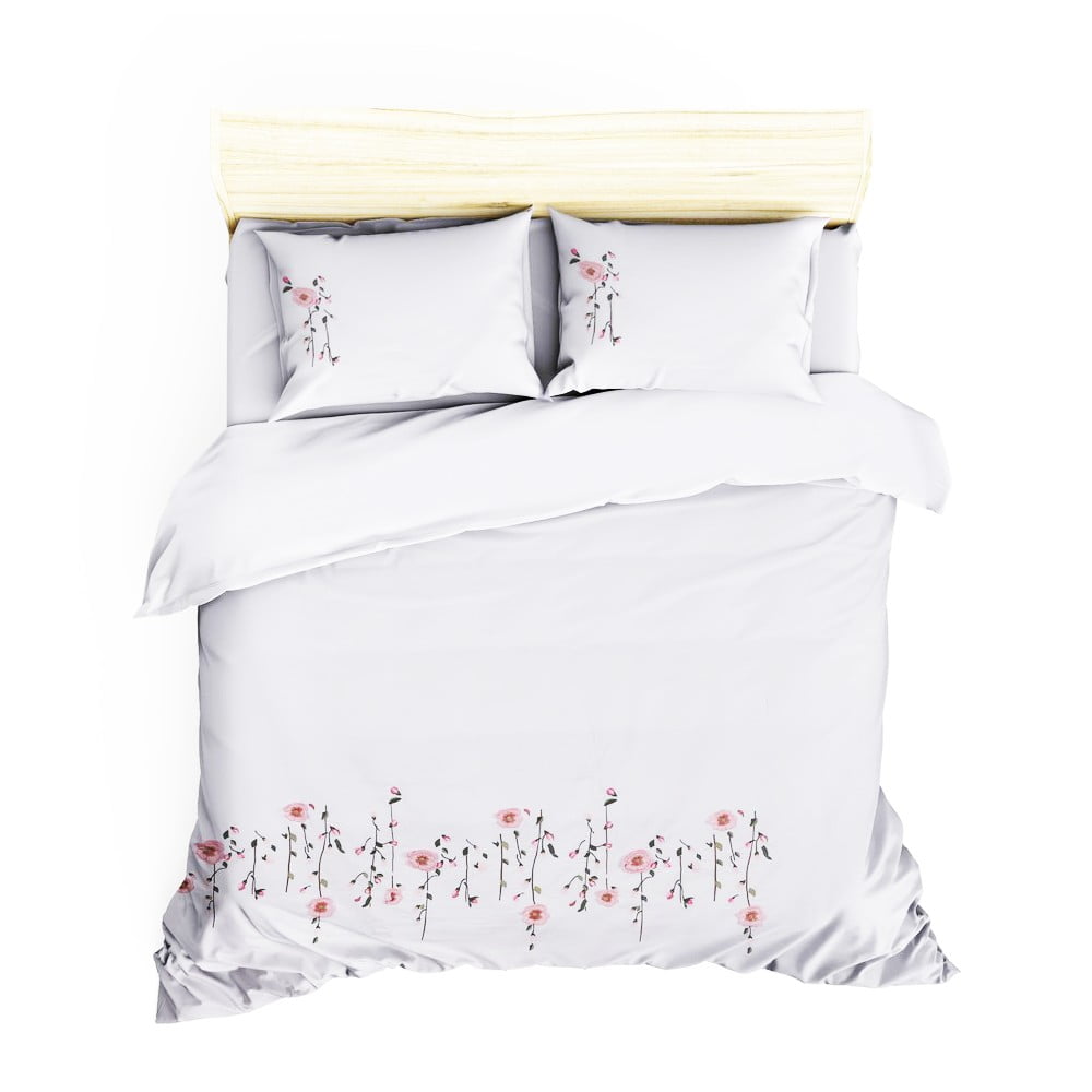 Biele obliečky z bavlneného saténu s plachtou na dvojlôžko Perla White, 200 × 220 cm