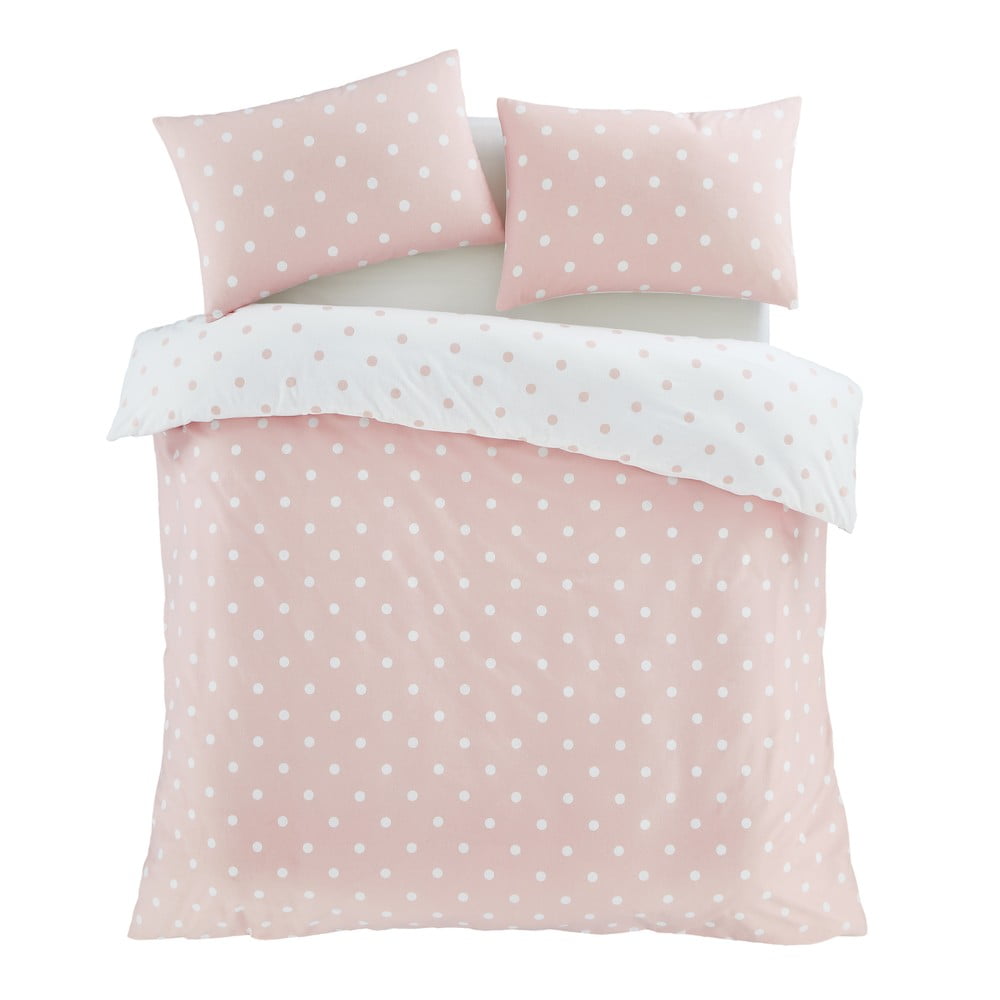 Biele/ružové flanelové obliečky na jednolôžko 135x200 cm Polka Dot – Catherine Lansfield