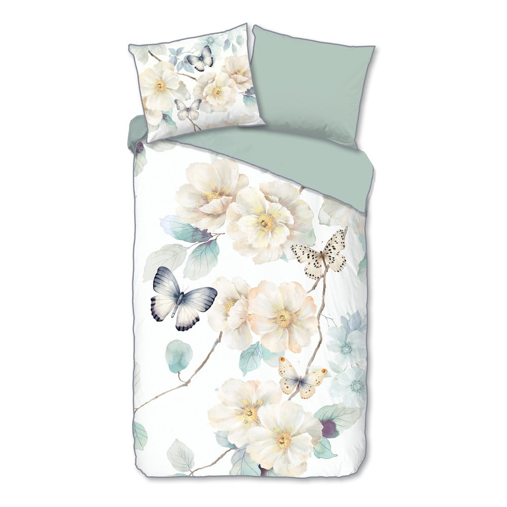 Biele/zelené obliečky na jednolôžko/predĺžené z bavlneného saténu 140x220 cm Adiwanya – Descanso