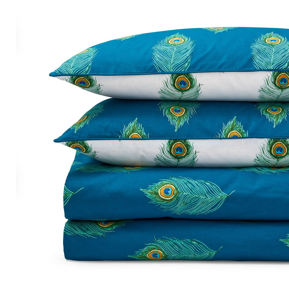Biele/zelenomodré bavlnené obliečky na dvojlôžko 200x200 cm Peacock Feather – Their Nibs