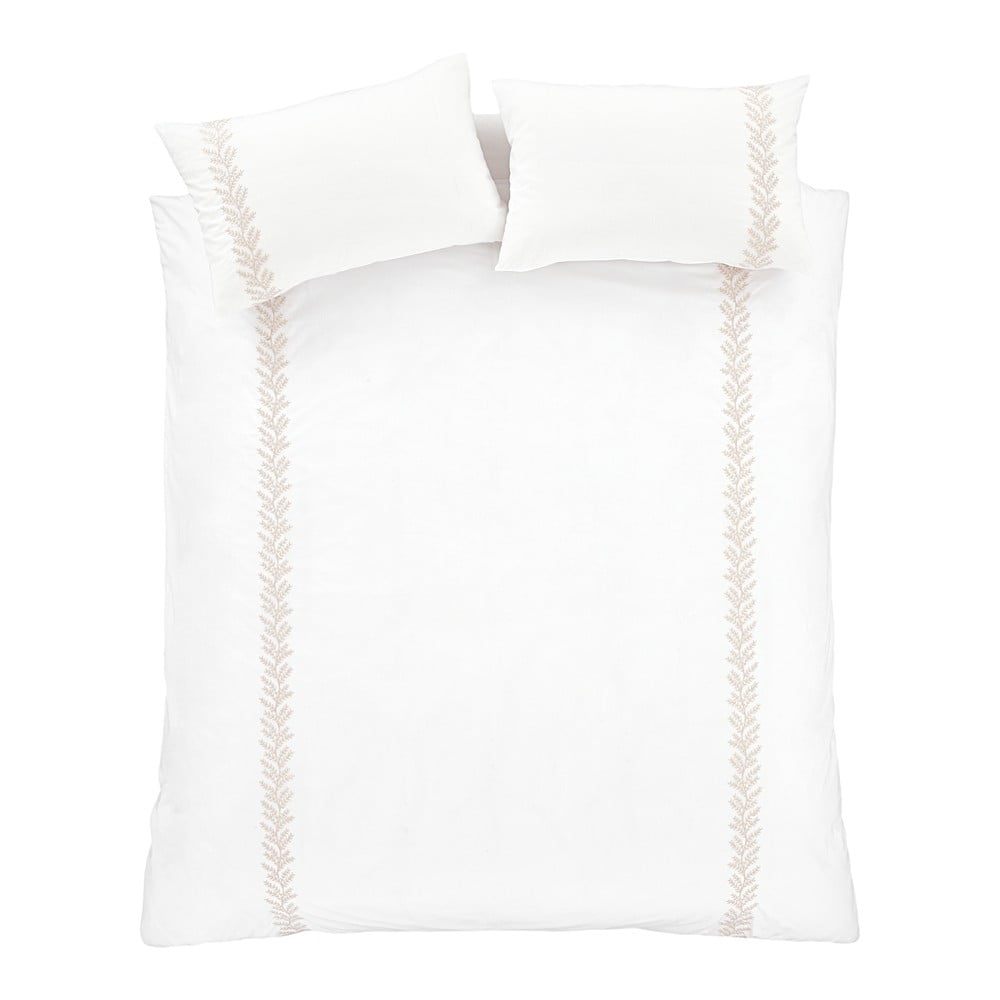 Bielo-béžové bavlnené obliečky na dvojlôžko 200x200 cm Embroidery Leaf – Bianca