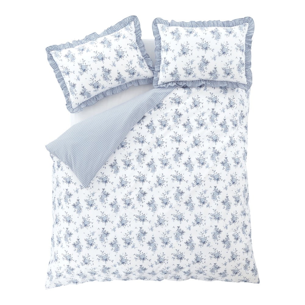 Bielo-modré predĺžené obliečky na dvojlôžko 230x220 cm Lucie Floral Frill – Catherine Lansfield