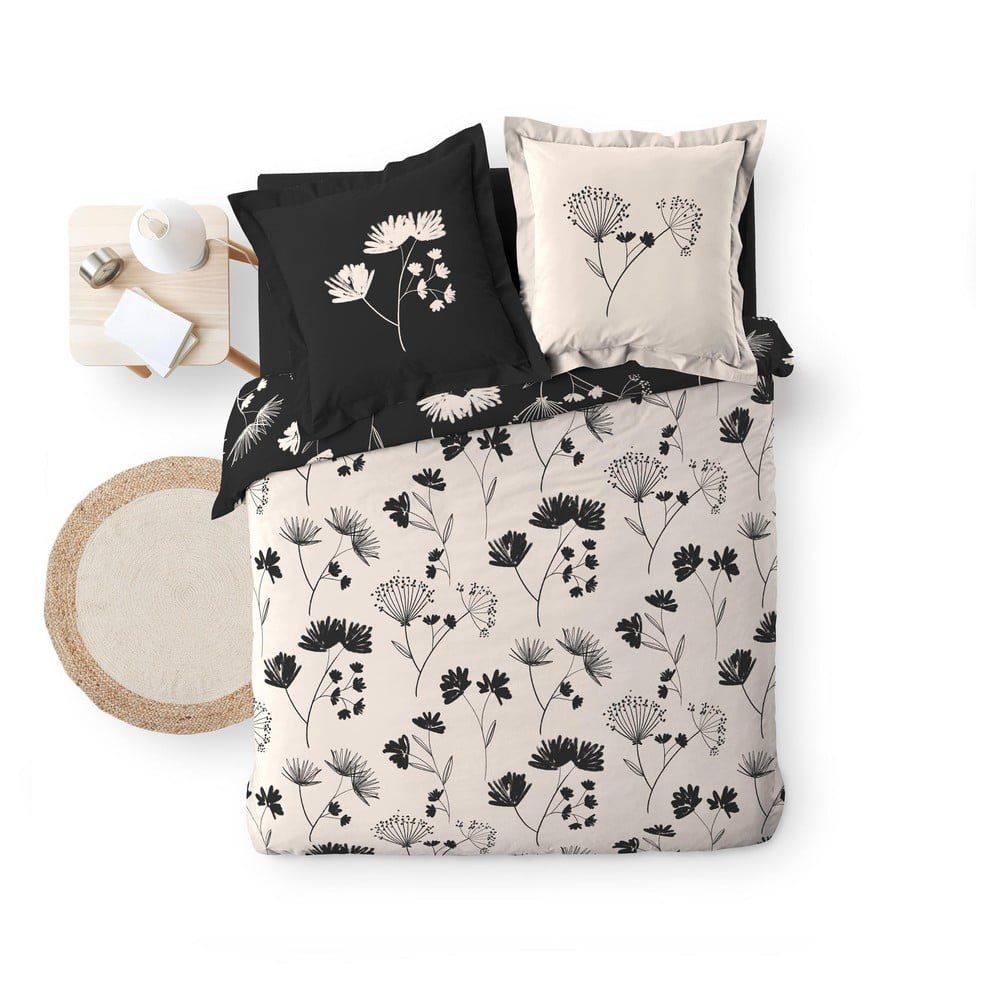 Čierno-béžové predĺžené obliečky na dvojlôžko z bavlneného perkálu 240x220 cm Iris – douceur d'intérieur