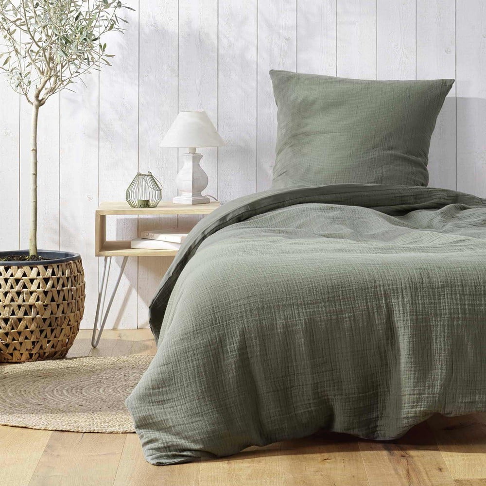 Kaki mušelínové obliečky na jednolôžko 140x200 cm Angelia – douceur d'intérieur