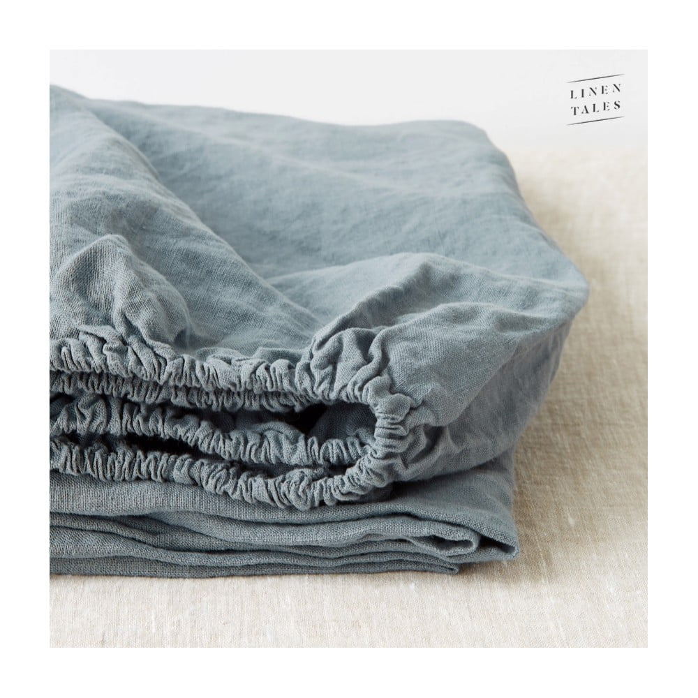 Modrá/sivá napínacia ľanová plachta 160x200 cm Blue Fog – Linen Tales