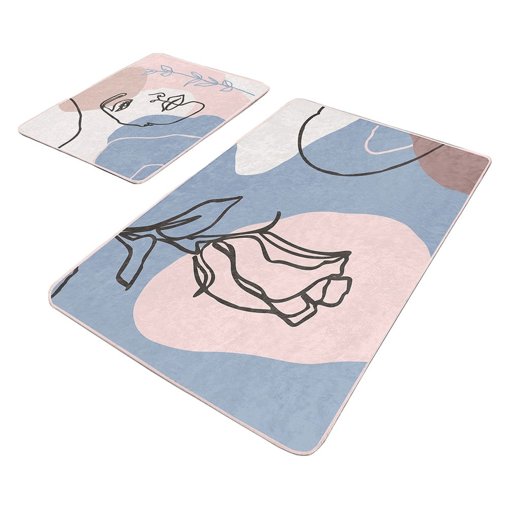 Modro-ružové zamatové kúpeľňové predložky v súprave 2 ks 60x100 cm Abstract Faces – Mila Home