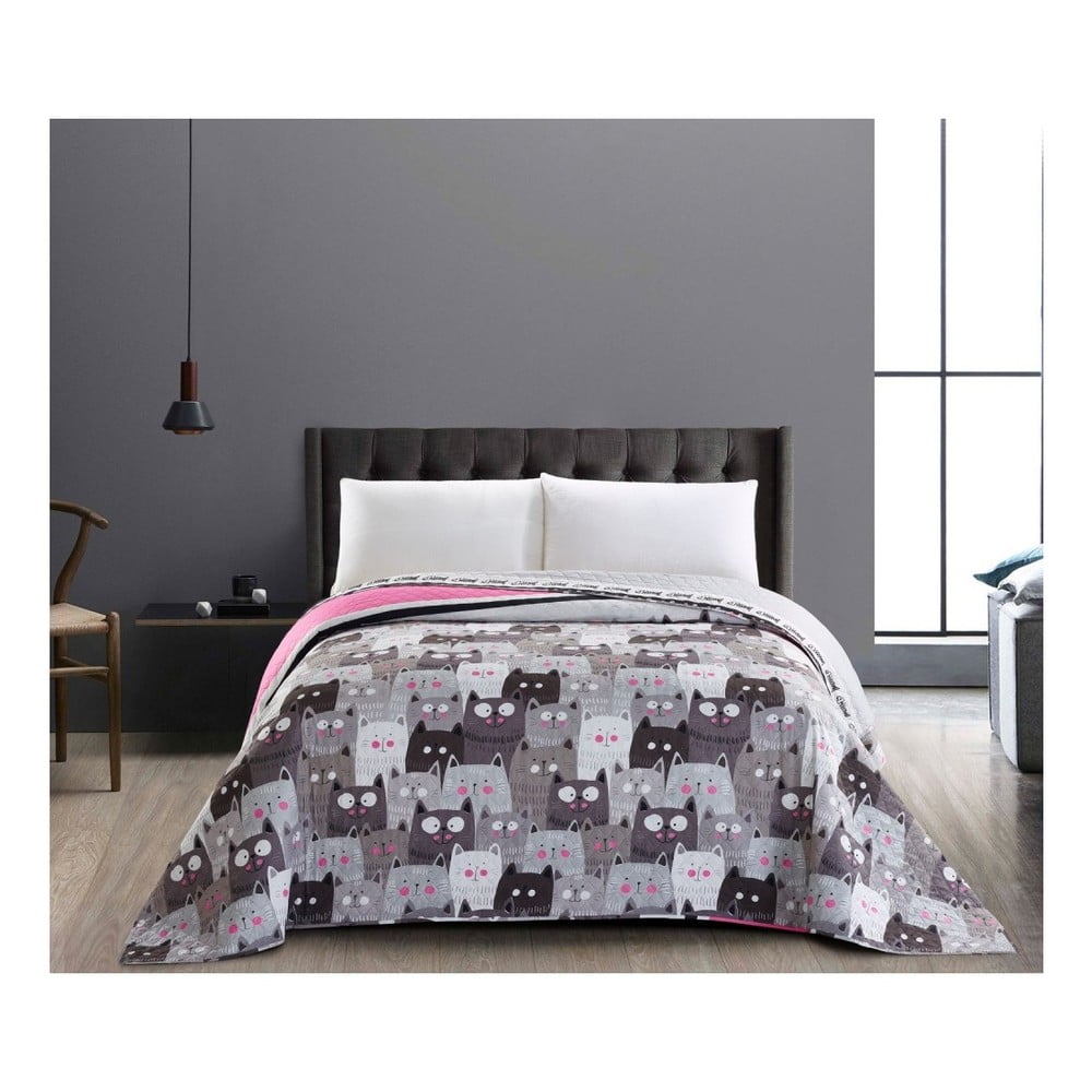 Obojstranný sivý pléd z mikrovlákna DecoKing Cat Invasion, 200 × 220 cm