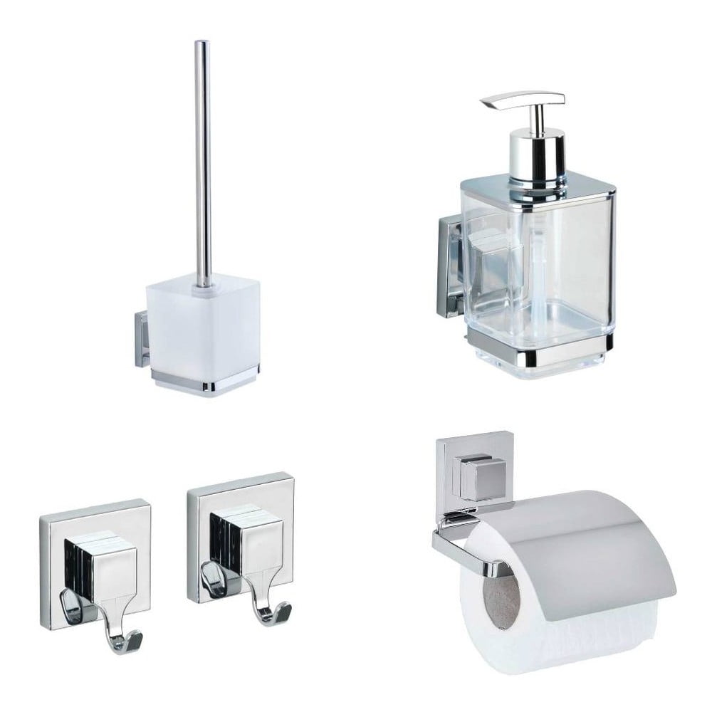 Samodržiaca plastová súprava doplnkov do kúpeľne v lesklo striebornej farbe Quadro – Wenko