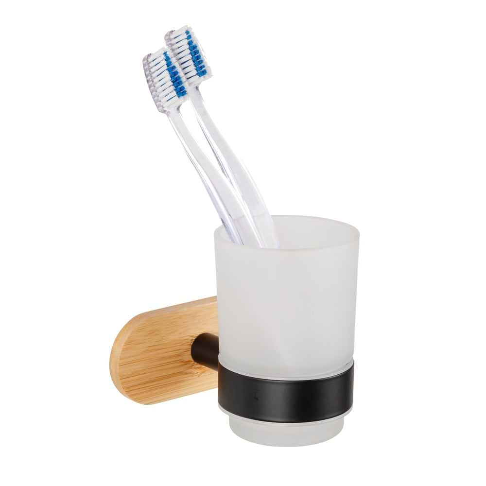 Samodržiaci sklenený téglik na zubné kefky v čiernej a prírodnej farbe Orea Bamboo – Wenko