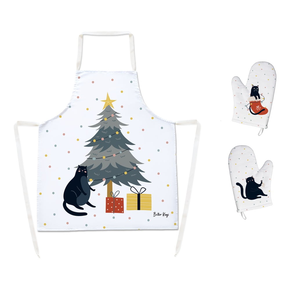 Súprava bavlnenej zástery a 2 ks chňapiek s vianočným motívom – Butter Kings