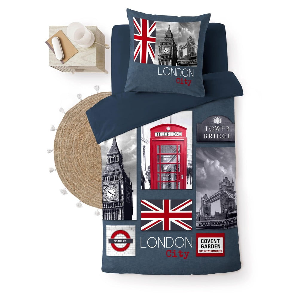 Tmavomodré bavlnené obliečky na jednolôžko 140x200 cm City London – douceur d'intérieur