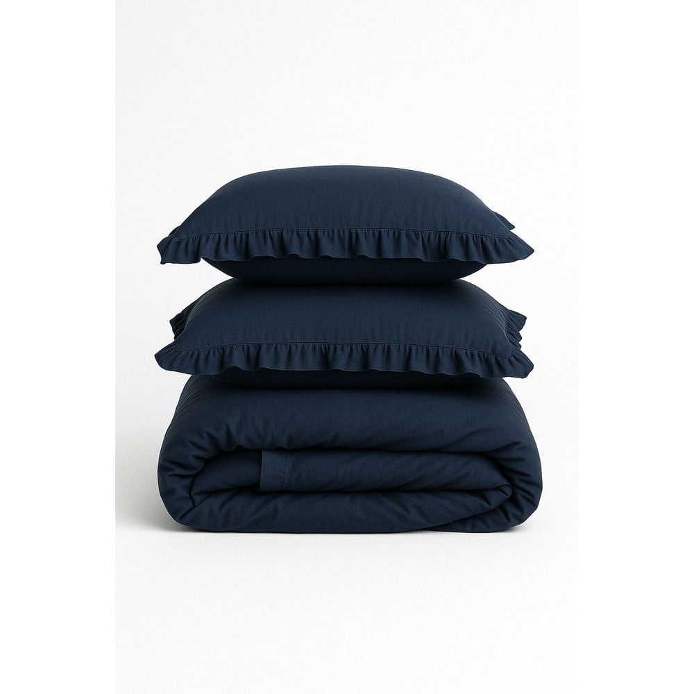 Tmavomodré obliečky na dvojlôžko/predĺžené z bavlny Renforcé 240x220 cm Ruffle Striped – Mila Home Luxury