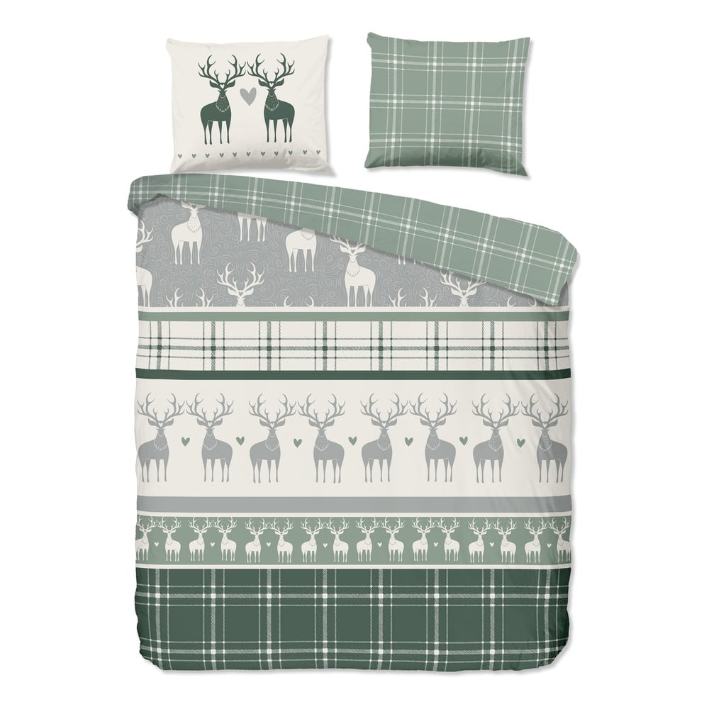 Zeleno-krémové predĺžené flanelové obliečky na dvojlôžko 200x220 cm Bjirk – Good Morning