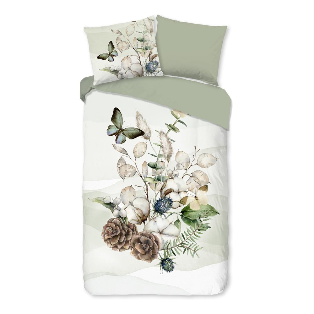 Zeleno-krémové predĺžené flanelové obliečky na jednolôžko 140x220 cm Marjan – Good Morning