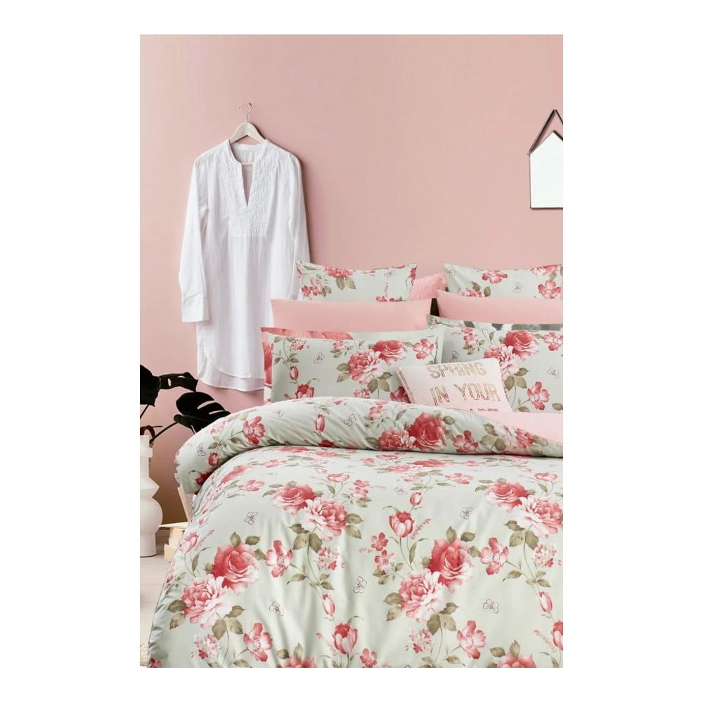 Zeleno-ružové predĺžené obliečky na dvojlôžko z bavlny Renforcé s plachtou/4-dielne 200x220 cm – Mila Home