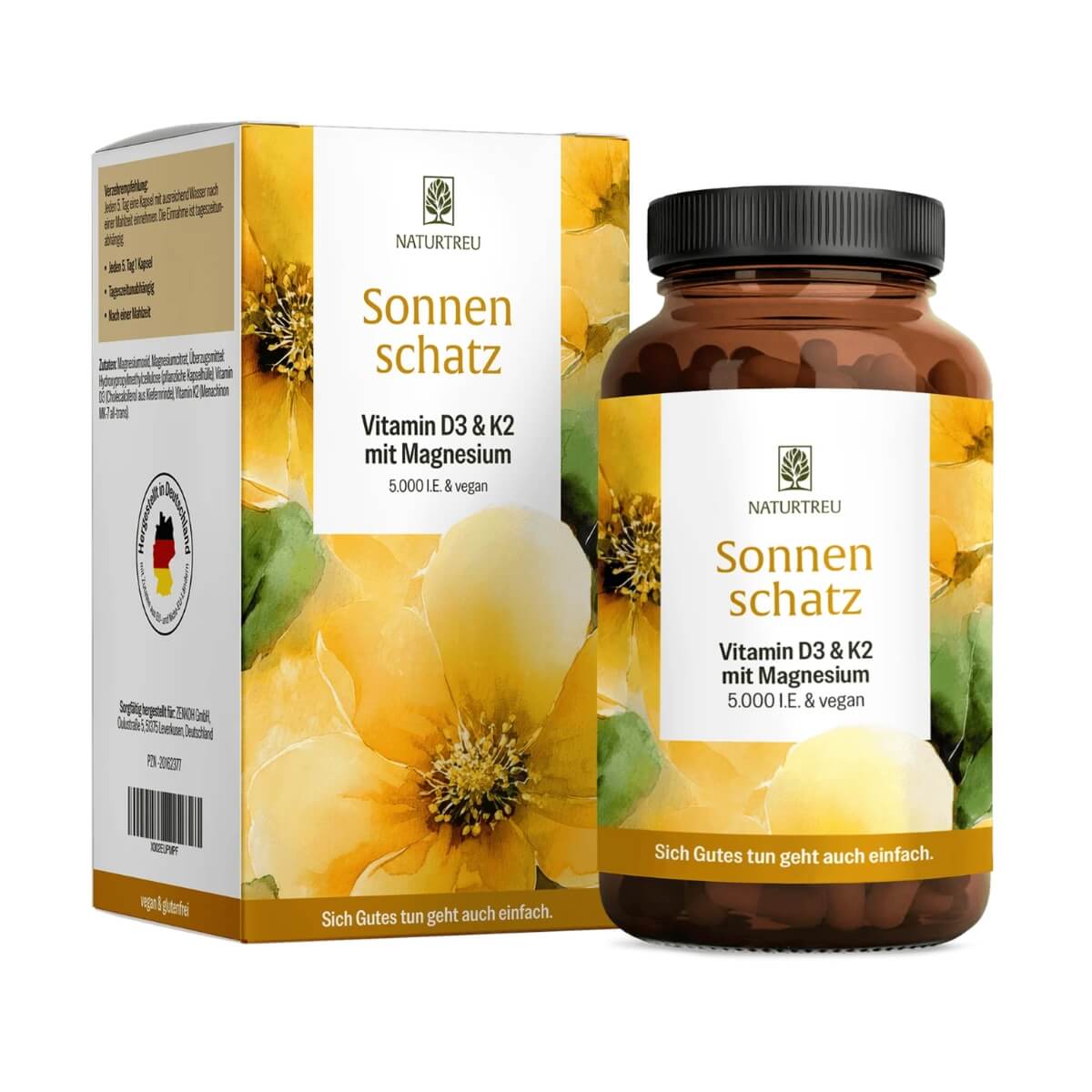Naturtreu Slnečný poklad - vegánsky vitamín D3 5 000 IU s K2 a horčíkom (jedna dávka každých 5 dní), 90 kapsúl