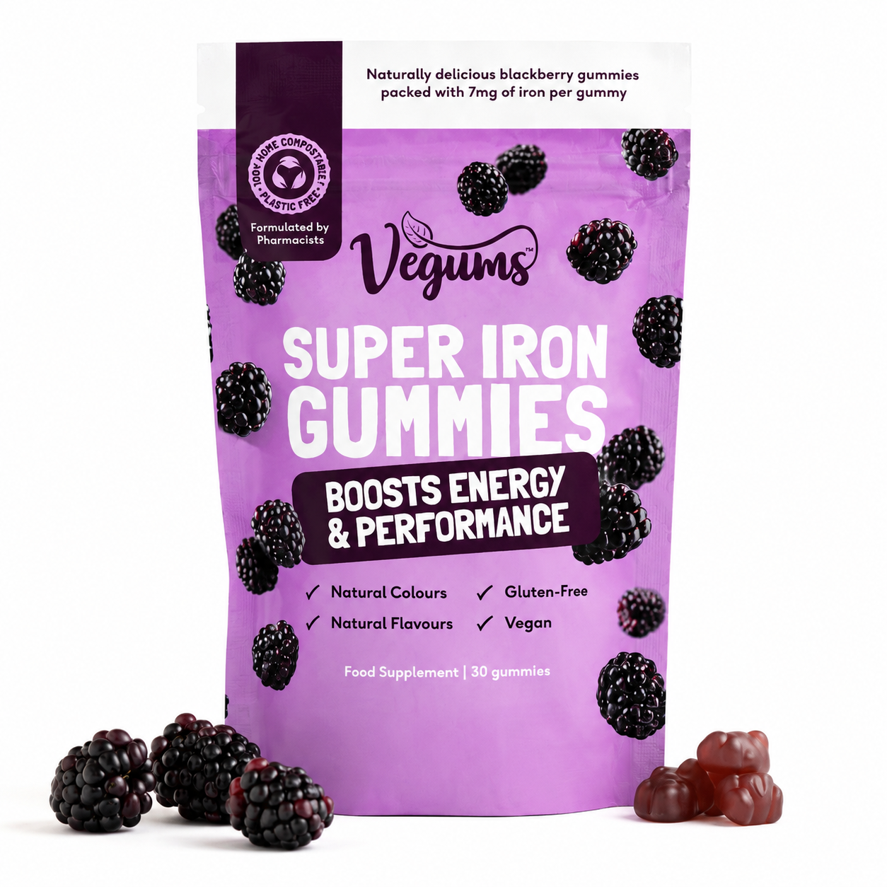 Vegums Super Železo - žuvacie vitamíny (černica), 30 gumených bonbónov